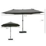 15ft Dark Gray Rectangular Market Umbrella Double-Sided Sun Shield Easy Crank with Base for Deck Pool - Image 3