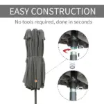 15ft Dark Gray Rectangular Market Umbrella Double-Sided Sun Shield Easy Crank with Base for Deck Pool - Image 7