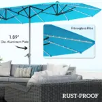 15ft Double-Sided Outdoor Umbrella with Solar Lights, UPF50+ Extra Large Aluminum Patio Umbrella with Crank, Blue - Image 6