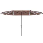 Outsunny 15 Ft Double-Sided Outdoor Umbrella with Solar Lights, UPF50+ Extra Large Aluminum Patio Umbrella with Crank, Tan