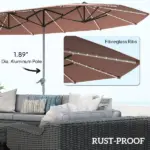 Outsunny 15 Ft Double-Sided Outdoor Umbrella with Solar Lights, UPF50+ Extra Large Aluminum Patio Umbrella with Crank, Tan - Image 6