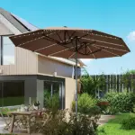 Outsunny 15 Ft Double-Sided Outdoor Umbrella with Solar Lights, UPF50+ Extra Large Aluminum Patio Umbrella with Crank, Tan - Image 9