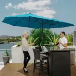 Outsunny 15 Ft Patio Umbrella with Base, Rectangular, Double-Canopy, UV-Blocking, Easy Crank, Blue - Image 2