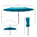 Outsunny 15 Ft Patio Umbrella with Base, Rectangular, Double-Canopy, UV-Blocking, Easy Crank, Blue - Image 3