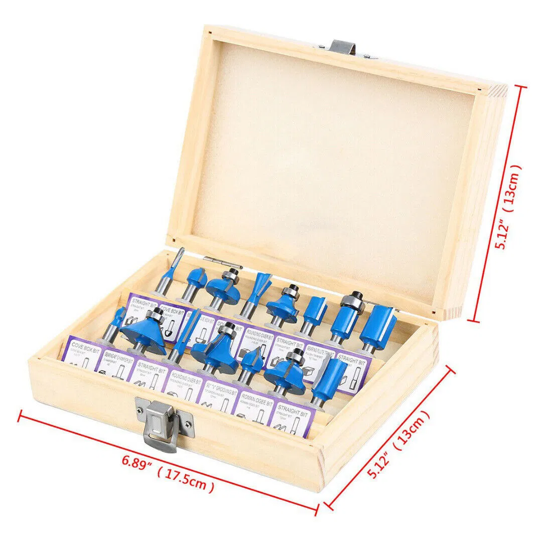 15 Piece Carbide Router Bit Set 1/4 Inch Shank with Wooden Case
