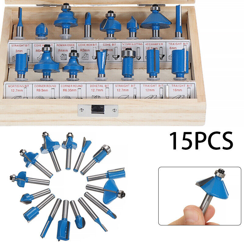 15 Piece Carbide Router Bit Set 1/4 Inch Shank with Wooden Case