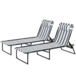Outsunny 2 Folding Chaise Lounge Pool Chairs with 4-Position Reclining Back, Pillow, Breathable Mesh and Bungee Seat, Blue White