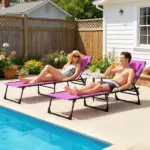 2 Folding Chaise Lounge Pool Chairs with 4-Position Reclining Back, Pillow, Breathable Mesh and Bungee Seat, Purple - Image 2