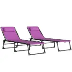 2 Folding Chaise Lounge Pool Chairs with 4-Position Reclining Back, Pillow, Breathable Mesh and Bungee Seat, Purple