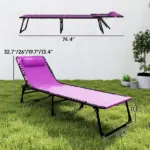 2 Folding Chaise Lounge Pool Chairs with 4-Position Reclining Back, Pillow, Breathable Mesh and Bungee Seat, Purple - Image 3
