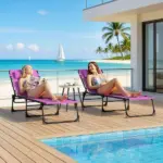 2 Folding Chaise Lounge Pool Chairs with 4-Position Reclining Back, Pillow, Breathable Mesh and Bungee Seat, Purple - Image 7