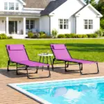 2 Folding Chaise Lounge Pool Chairs with 4-Position Reclining Back, Pillow, Breathable Mesh and Bungee Seat, Purple - Image 9