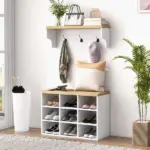 HOMCOM 2-in-1 Coat Rack Shoe Bench Set 9 Pair Storage Cabinet Hall Tree Entryway Hallway Mudroom Bedroom Organizer White - Image 2