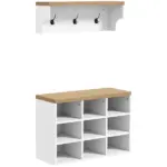 HOMCOM 2-in-1 Coat Rack Shoe Bench Set 9 Pair Storage Cabinet Hall Tree Entryway Hallway Mudroom Bedroom Organizer White - Image 11