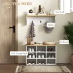 HOMCOM 2-in-1 Coat Rack Shoe Bench Set 9 Pair Storage Cabinet Hall Tree Entryway Hallway Mudroom Bedroom Organizer White - Image 4