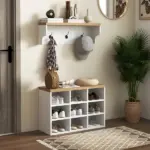 HOMCOM 2-in-1 Coat Rack Shoe Bench Set 9 Pair Storage Cabinet Hall Tree Entryway Hallway Mudroom Bedroom Organizer White - Image 10