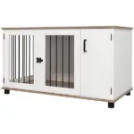 2-In-1 Dog Crate Table with Double Doors and Storage, Dog Cage for Medium and Large-sized Dogs, Walnut and White