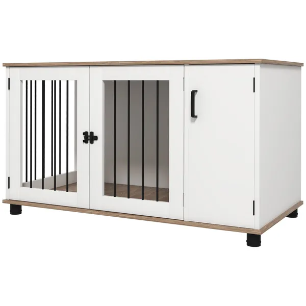 2-in-1-dog-crate-table-w-double-doors-and-storage-dog-cage-for-medium-and-large-sized-dogs-walnut-and-white.webp 2-In-1 Dog Crate Table with Double Doors and Storage, Dog Cage for Medium and Large-sized Dogs, Walnut and White - Image 1