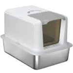 2 in 1 Stainless Steel Cat Litter Box with Removable Lid, Scoop, Filter Bags, for Small to Large Cats, White