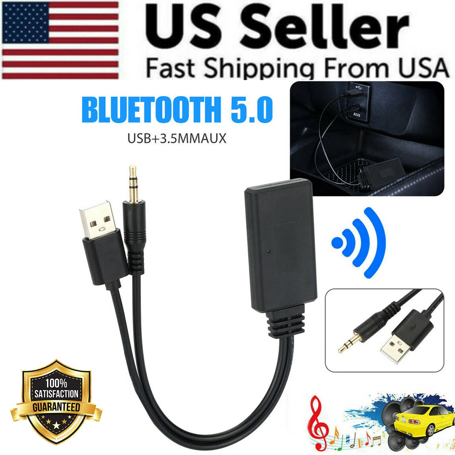 Bluetooth 5.0 USB and 3.5mm AUX Audio Receiver Adapter for Car and Speakers