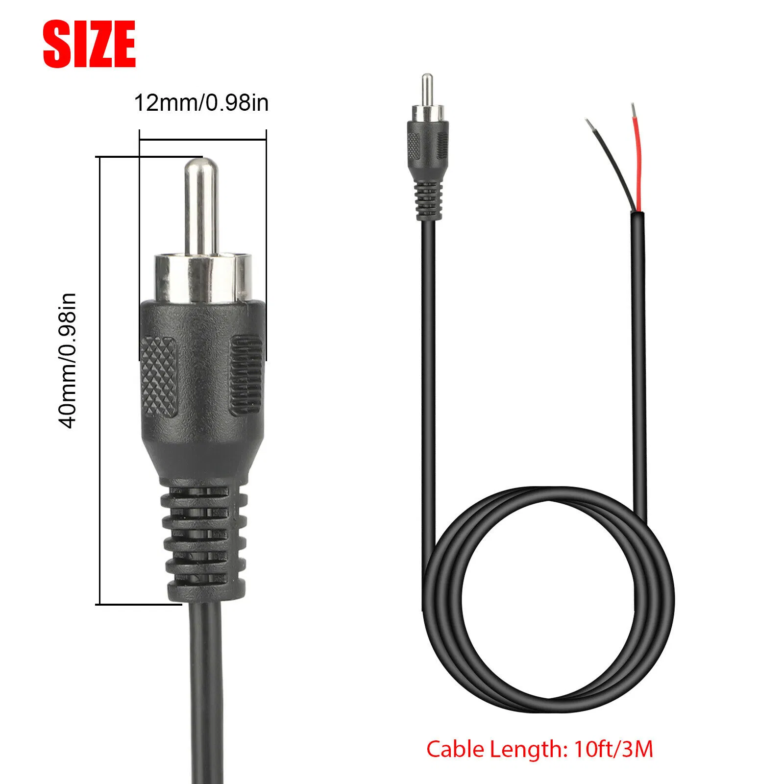 2 Pack 10 Foot RCA Male to Bare Wire Speaker Repair Cables 24AWG