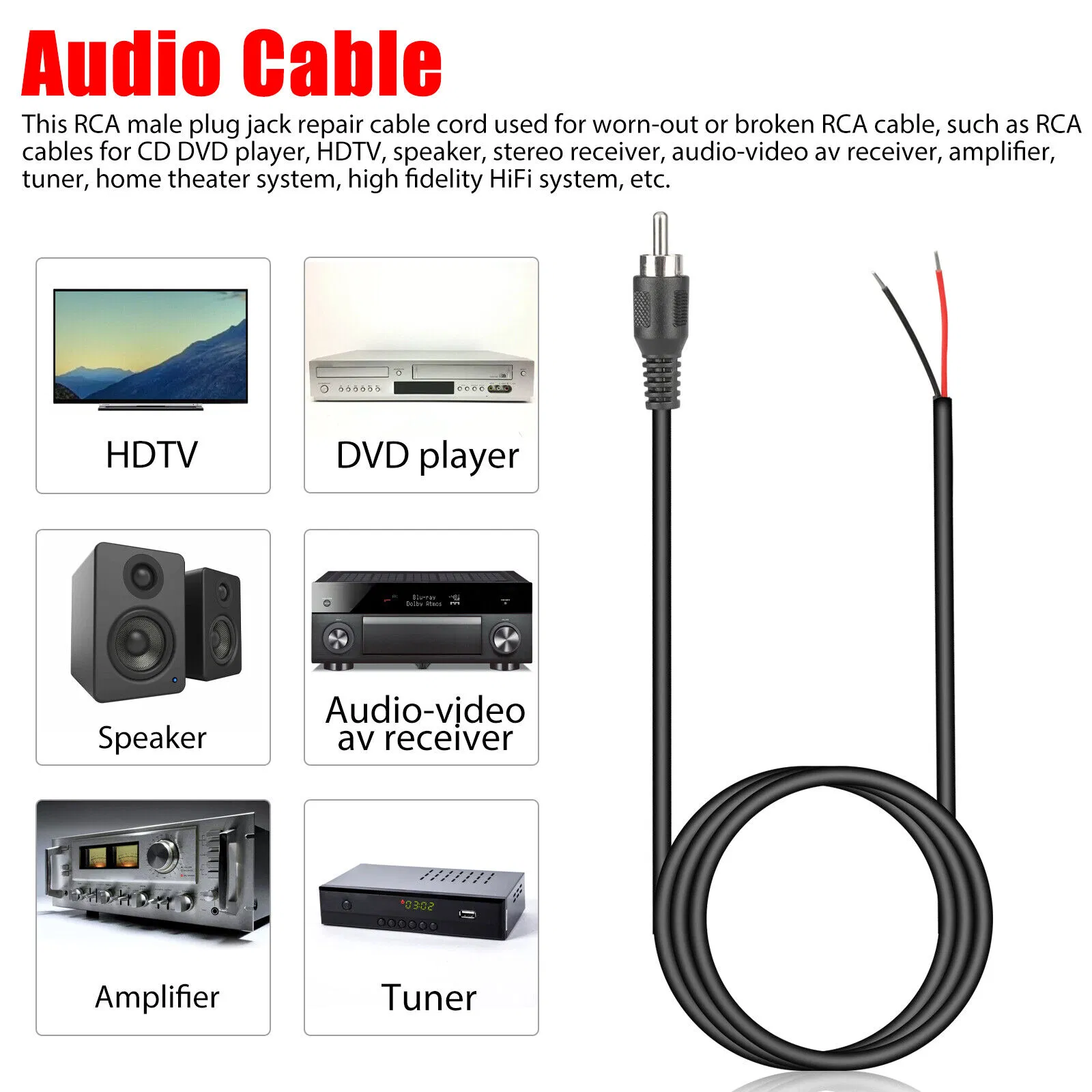 2 Pack 10 Foot RCA Male to Bare Wire Speaker Repair Cables 24AWG