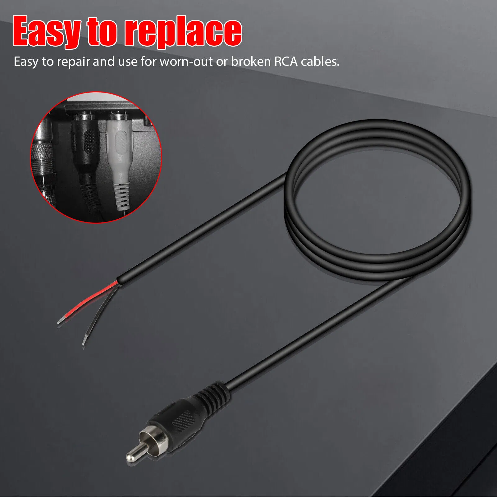 2 Pack 10 Foot RCA Male to Bare Wire Speaker Repair Cables 24AWG