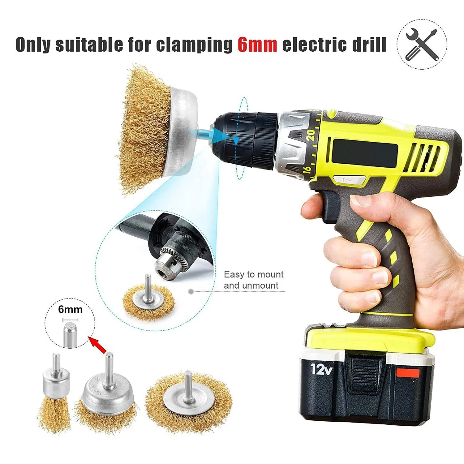 6 Piece Wire Brush Wheel and Cup Drill Attachment Set, 1/4 Inch Shank