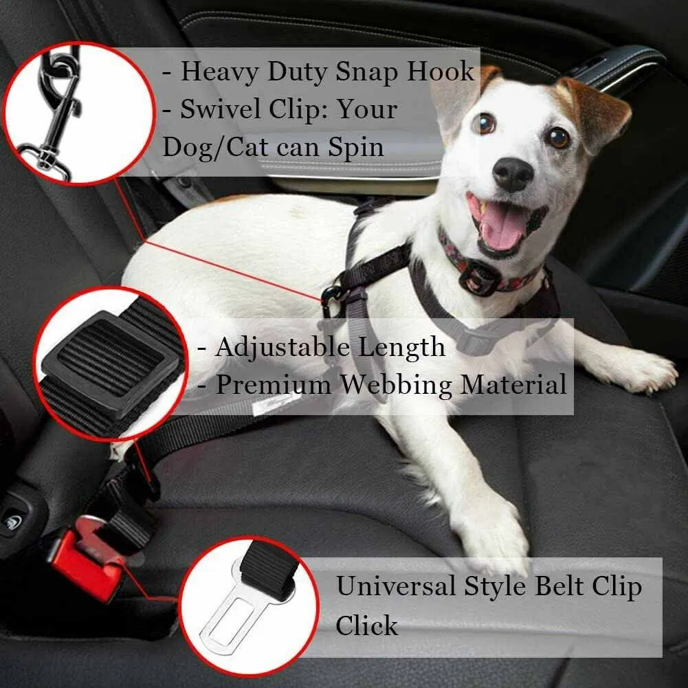 2 Pack Adjustable Pet Car Seat Belt Tethers for Dogs and Cats