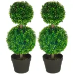 HOMCOM 2 Piece Artificial Boxwood Ball Topiary Tree 23.5 Inch with Double Ball-Shaped Leaves in Pot Green