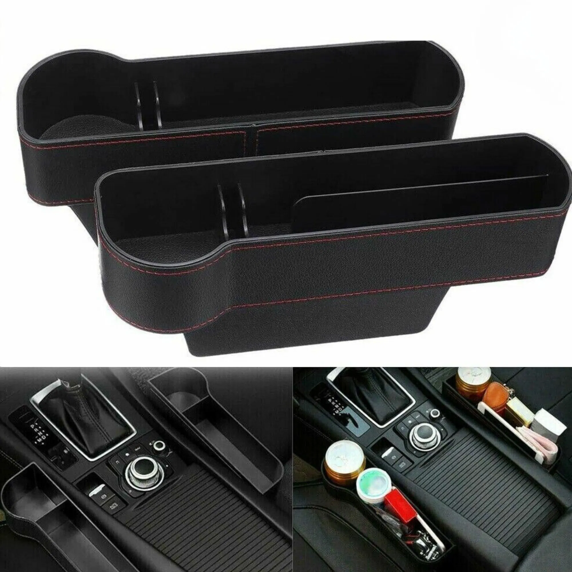 2 Pack PU Leather Car Seat Gap Organizers with Cup and Phone Holders