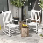 2 Piece Wooden Rocking Chair Set Outdoor Rockers with Curved Armrests High Back for Garden Balcony White - Image 2