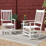 2 Piece Wooden Rocking Chair Set Outdoor Rockers with Curved Armrests High Back for Garden Balcony White - Image 7
