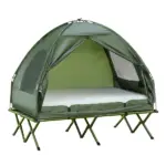 Outsunny 2-Person Foldable Camping Cot Outdoor w/ Bedspread and Thick Air Mattress, 4-In-1 Elevated Camping Bed Tent for Hiking, Picnic, Green
