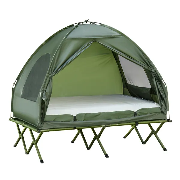 2-person-foldable-camping-cot-portable-outdoor-w-bedspread-thick-air-mattress-4-in-1-elevated-camping-bed-tent-for-hiking-picnic-green.webp Outsunny 2-Person Foldable Camping Cot Outdoor w/ Bedspread and Thick Air Mattress, 4-In-1 Elevated Camping Bed Tent for Hiking, Picnic, Green - Image 1