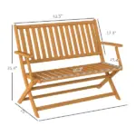 2-Person Foldable Wood Outdoor Bench with Backrest and Armrests for Garden, Porch, Park, Balcony, Teak - Image 3