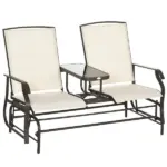 2-Person Glider Outdoor Glider Bench with Center Table, Metal Bench for Backyard Garden Porch, Beige