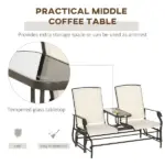 2-Person Glider Outdoor Glider Bench with Center Table, Metal Bench for Backyard Garden Porch, Beige - Image 4