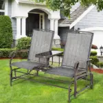 2-Person Outdoor Glider Bench with Center Table, Patio Rocking Chair Swing Loveseat with Breathable Mesh for Backyard, Front Porch, Brown - Image 2
