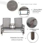 2-Person Outdoor Glider Bench with Center Table, Patio Rocking Chair Swing Loveseat with Breathable Mesh for Backyard, Front Porch, Brown - Image 6
