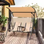 2-Person Porch Swing with Canopy Beige Covered Patio Swing Pivot Storage Table Cup Holder - Image 2