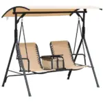 2-Person Porch Swing with Canopy Beige Covered Patio Swing Pivot Storage Table Cup Holder - Image 11