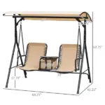 2-Person Porch Swing with Canopy Beige Covered Patio Swing Pivot Storage Table Cup Holder - Image 3