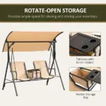 2-Person Porch Swing with Canopy Beige Covered Patio Swing Pivot Storage Table Cup Holder - Image 6