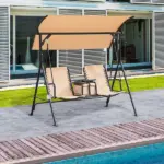 2-Person Porch Swing with Canopy Beige Covered Patio Swing Pivot Storage Table Cup Holder - Image 10
