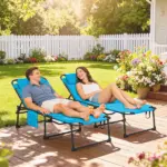 2 Piece Folding Chaise Lounge Pool Chairs with 5-level Reclining Back, Reading Hole, Side Pocket, Blue - Image 2