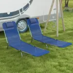 2 Piece Sun Loungers Dark Blue Folding Chaise Lounge Chairs with Reclining Back Breathable Mesh Seat Headrest for Comfort - Image 2