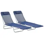 2 Piece Sun Loungers Dark Blue Folding Chaise Lounge Chairs with Reclining Back Breathable Mesh Seat Headrest for Comfort - Image 11