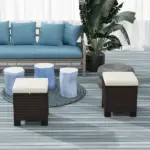 2 Pieces Wicker Outdoor Ottomans with Cushions, Rattan Ottoman Footrest and Side Table for Patio Yard Poolside, Beige - Image 2