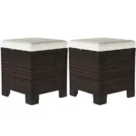 2 Pieces Wicker Outdoor Ottomans with Cushions, Rattan Ottoman Footrest and Side Table for Patio Yard Poolside, Beige